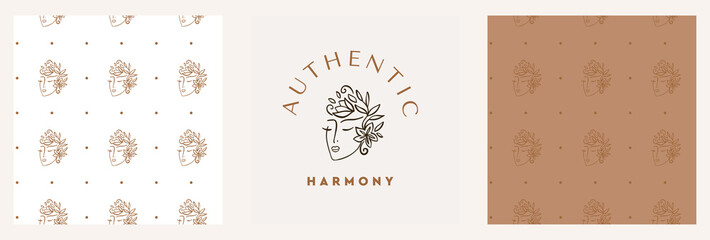 Logo and pattern for beauty salons and boutiques. Vector business card template - elegant linear style.