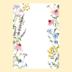 Beautiful vector floral frame with watercolor hand drawn summer wild field flowers. Stock illustration. Clip art.