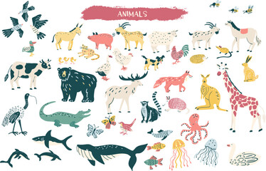 Cartoon vector illustrated animals  - bear, chicken, dog, cat, pig, alligator, giraffe, whale, rabbit, fox and more, Sea animals, forest animals, farm animals, wild animals. 