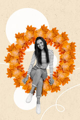 Collage photo of young adorable nice woman wear stylish outfit sitting comfortable chair circle...