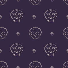 Seamless pattern with line art skulls on dark purple background