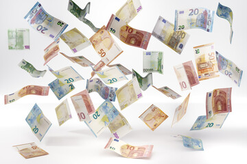 falling european euro banknote concept currency crash of euros banknotes falling into fire - obrazy, fototapety, plakaty