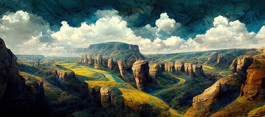 Obraz premium Scenic vista over canyon valley, lush vegetation with surreal summer rain storm clouds forming. Beautiful sedimentary rock formations and steep cliffs. Digital oil paint illustration.