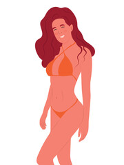 Overjoyed young woman in swimsuit. Flat graphic vector illustration isolated on white background