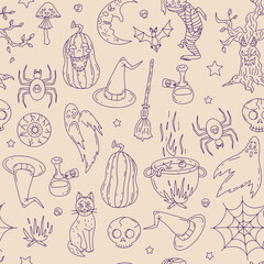 Halloween Seamless Pattern on beige background. Hand drawn Line art Halloween texture.