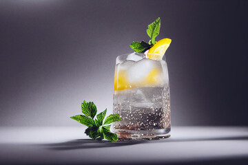 Cocktail with lemon and mint, food photography, photorealistic illustration