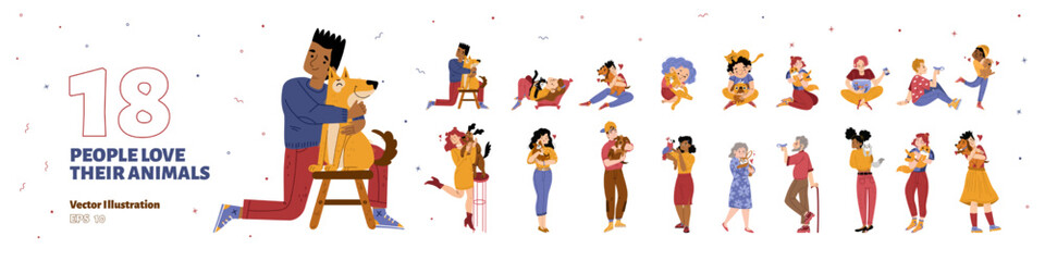 Diverse people love their pets isolated on white background. Happy domestic animals owners hug dogs and cats, hold rabbit, lizard and parrot, vector flat illustration