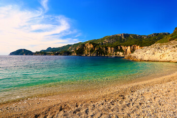 Fototapeta na wymiar Rovinia beach in Paleokastritsa, picturesque summer view, amazing coast popular island of Greece - Corfu (Kerkyra) , Europe ...exclusive - this image sell only on adobe stock 