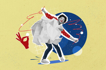 Painted image collage of funny lady with crumpled paper body dress making clothes isolated on...