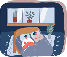 Cartoon vector illustration sleepless man and woman characters in the bed with bad emotional feeling.