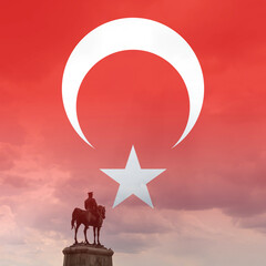 Turkish Flag with Ataturk monument. Turkish national holidays. 29 ekim cumhuriyet bayrami or 29th...