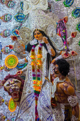 Hindu Goddess Durga clay idol for religious festival.