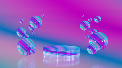 Cosmetics display stand. The glass podium stands on a purple-blue  background. 3D rendering of Cosmetics metallic bubbles on defocus background.	