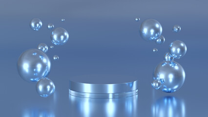 Cosmetics display stand. The glass podium stands on blue background. 3D rendering of Cosmetics metallic bubbles on defocus background.	