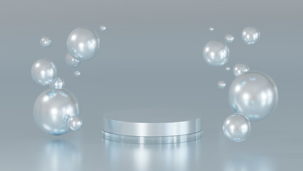 Cosmetics display stand. The glass podium stands on a bright background. 3D rendering of Cosmetics metallic bubbles on defocus background.	