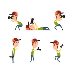 Fototapeta na wymiar Photographer or paparazzi taking photo with digital camera. Photojournalist, cameraman, blogger or journalist character set cartoon vector illustration