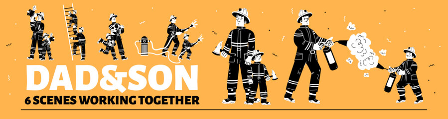Dad and son characters in fireman costume with extinguisher, hydrant, water hose, axe, ladder. Father firefighter with kid work together, vector black and white hand drawn illustration