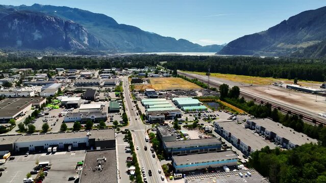 Aerial View Of Business Buildings In An Industrial Park In Squamish, British Columbia, Canada. drone descend