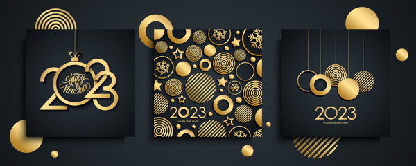 2023 Happy New Year luxury greeting cards set. New Year holiday greetings templates collection with hand drawn lettering and golden christmas balls. Black and gold. Vector illustration. - obrazy, fototapety, plakaty