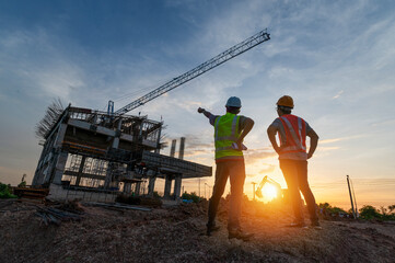 Engineer on a construction site passing by a construction site that blurs at sunset, an engineer inspects the construction of a water catchment tower