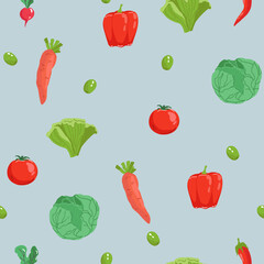 Seamless pattern with hand drawn colorful doodle vegetables. Sketch style vector set. Vegetables flat icons set: cucumber, carrot, onion, tomato