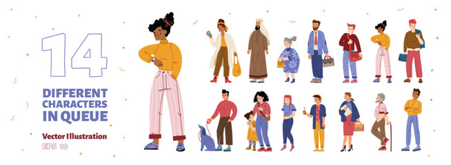 Different people standing in queue set. Diverse characters, students, arab man, elder persons, mother with girl, businessman and guy with dog waiting in line, vector hand drawn illustration