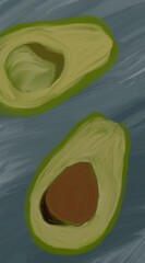 Slices of avocado on the table.Beautiful avocados in oil paint style.Slices of fresh avocado.Healthy healthy food.