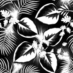 exotic vintage nature foliage background seamless pattern on dark. Fashion design for your textile and fabric, wrapping, any surface. Sketch drawing. for bedding, textile, fabric, wallpaper. spring