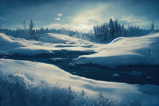 Winter landscape in natural conditions with pine forests. the sea in ice, snow and blizzards. Arctic winter snowy landscape. Northern Lights Aurora Borealis flashes in dramatic night sky. 3D Render. 