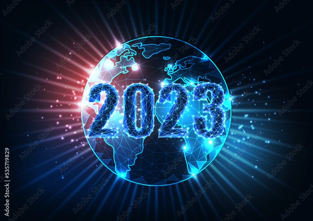 Wall mural abstract 2023 happy new year to the world concept banner with globe map in futuristic glowing style