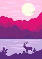 Bright and juicy shades.Beautiful background with mountains and deer.Beautiful mountains,deer and temple.Beautiful temple on the background of mountains. Minimalist background,wallpaper,template with 