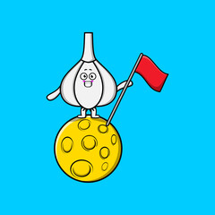 Cute cartoon Garlic character standing on the moon with flag in 3d modern design illustration