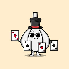 Cute cartoon Garlic magician character playing magic cards in flat cartoon style illustration