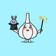 cute cartoon Garlic magician character with bunny character coming out from magic hat