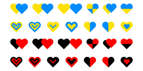 Ukrainian hearts icon set. Yellow blue and black red hearts icons isolated on white background. Vector EPS 10.