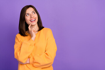 Close up photo of cheerful lovely lady dressed stylish pullover hand touch face look empty space isolated on purple color background