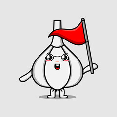 Cute cartoon Garlic character holding triangle flag in 3d modern design illustration
