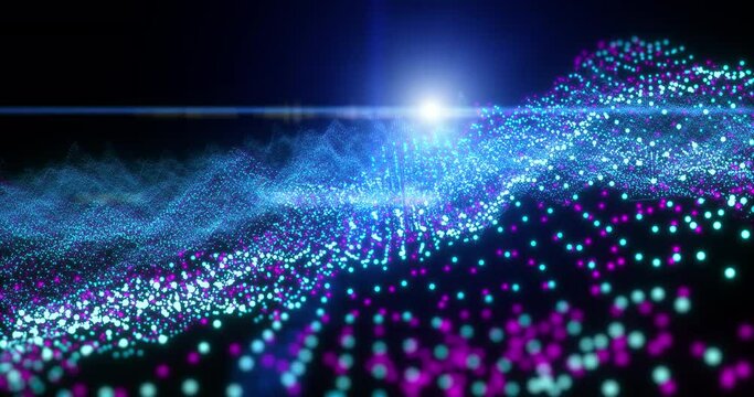 Digital wave with animation, circuit and 3d or program coding. Tech, future and futuristic technology or cybersecurity, ai and illustration of software, data or iot or database in cyber space