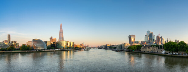 Skyline panorama of London south bank and financial district at sunrise