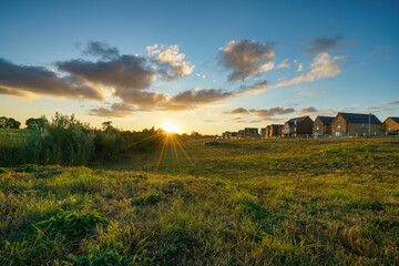 Obraz premium Green meadow at sunset near new build housing area in southern England