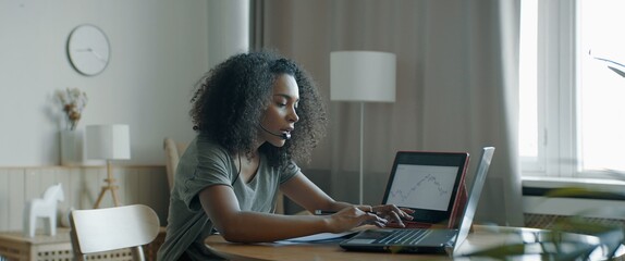 MED Black African American female working from home, having a phone call with client or office....