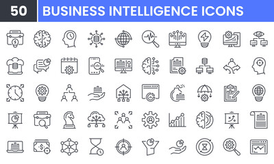 Business Intelligence vector line icon set. Contains linear outline icons like Data Visualization, Data Management and Analysis, Analytic Service, Risk Management, Strategy. Editable use and stroke. - obrazy, fototapety, plakaty