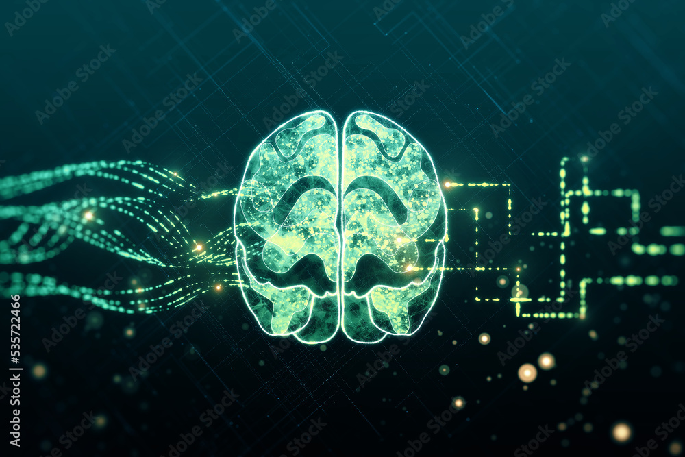 Poster creative glowing brain hologram on dark backdrop. neurology research, artificial intelligence concep