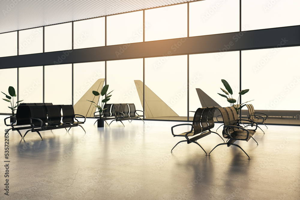 Poster Travel concept with empty waiting area hall in abstract airport with seats and panoramic window with aircraft tails. 3D rendering