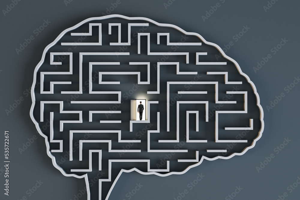 Aufkleber Creative idea and artificial intelligence concept with businessman entering the open door with light in labyrinth in form of human brain on grey background
