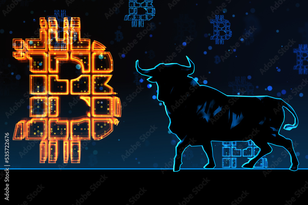 Poster cryptocurrency investing and stock market growth concept with digital yellow glowing bitcoin sign an