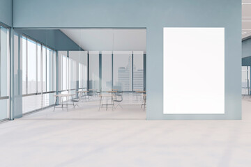 Modern spacious blue office interior with empty mock up poster on wall, window and city view, furniture and daylight. Workplace and design concept. 3D Rendering.