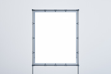 Advertising concept with blank white presentation whiteboard with place for your logo or text in light grey frame isolated on light wall background. 3D rendering, mockup