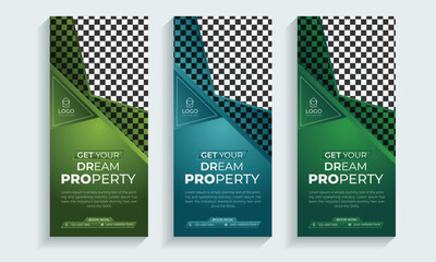 Real Estate roll up banner or cover design template,
Vertical, Horizontal and luxury background with standard size,
Modern & luxury property, home or house sale advertising post.