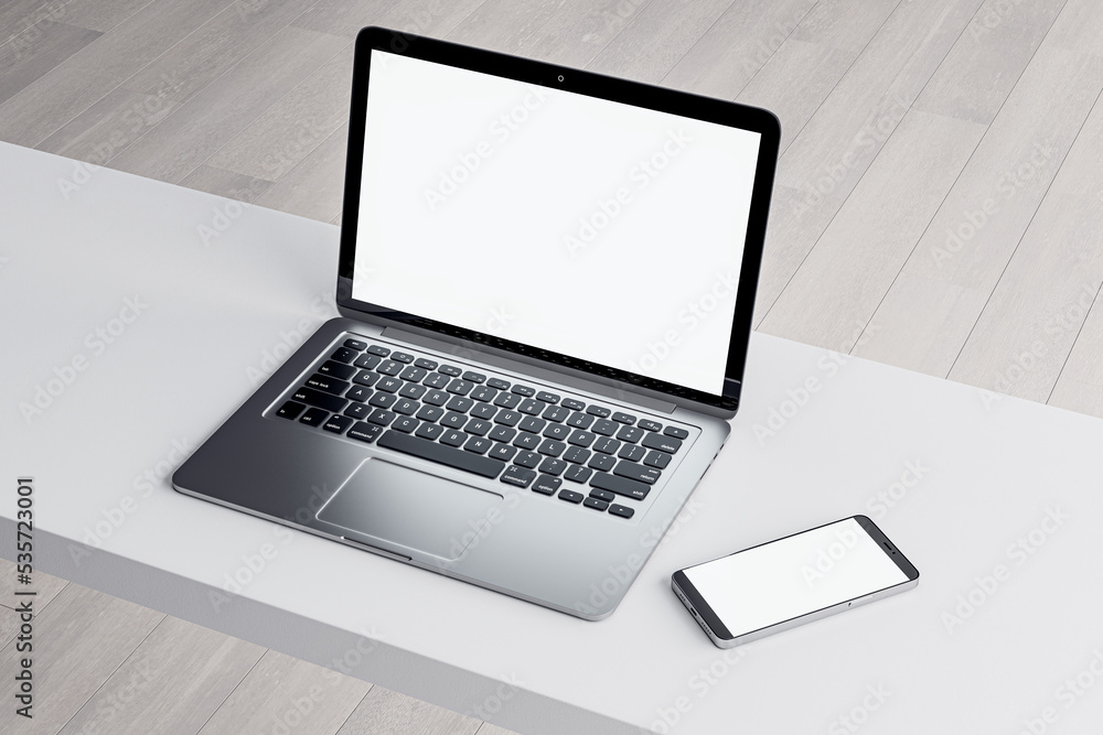 Poster close up of empty white laptop and smartphone on light desktop, mock up place on screen, wooden parq